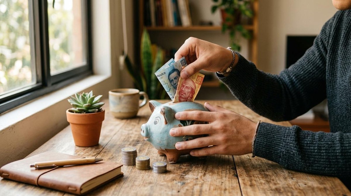 Persona introduciendo billetes mexicanos en un hucha cerámica sobre mesa de madera con monedas y cuaderno