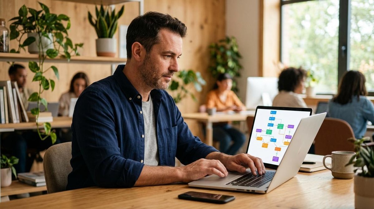 Un empresario de una pequeña empresa trabajando en una laptop moderna, con una interfaz de chatbot visible en la pantalla