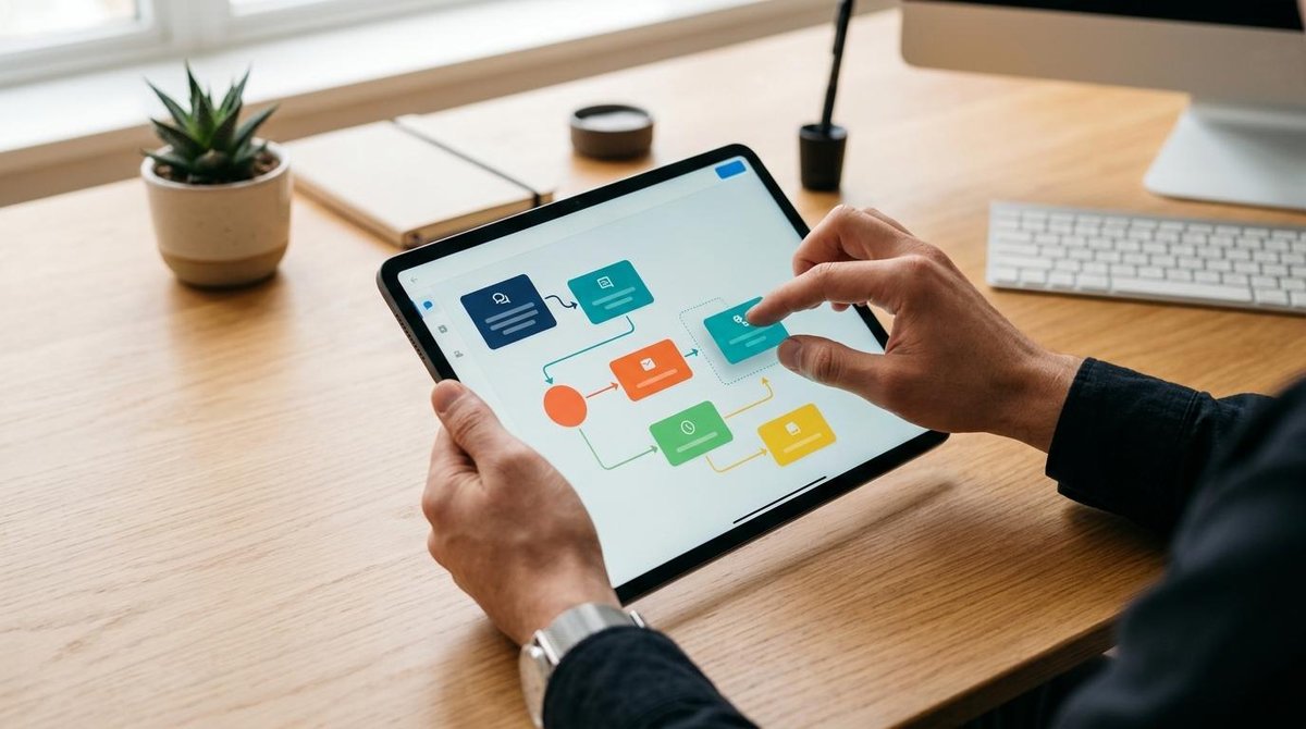 Chatbots para pymes: cómo implementarlos sin saber programar paso a paso 2 Manos de una persona usando una tablet sobre un escritorio ordenado, con una interfaz visual de arrastrar y soltar en la pantalla que muestra bloques