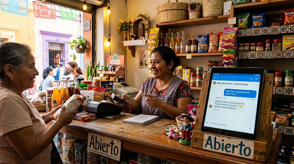 Chatbots para pymes: cómo implementarlos sin saber programar paso a paso 3 Una pequeña empresaria mexicana atendiendo su tienda local mientras una pantalla de tablet muestra un chatbot respondiendo consultas automáticamente