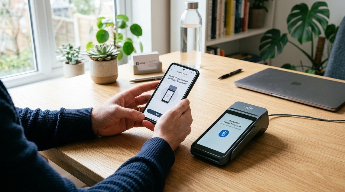 Persona usando teléfono para conectar con terminal de pago en escritorio de madera