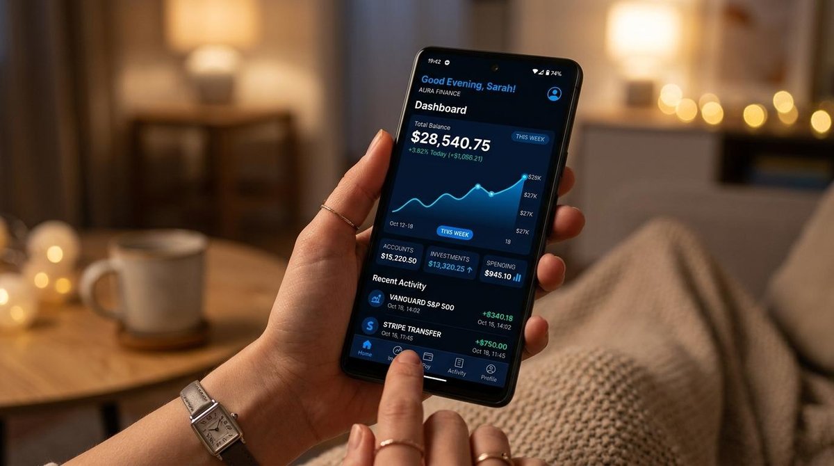 Persona activando modo oscuro en una app financiera