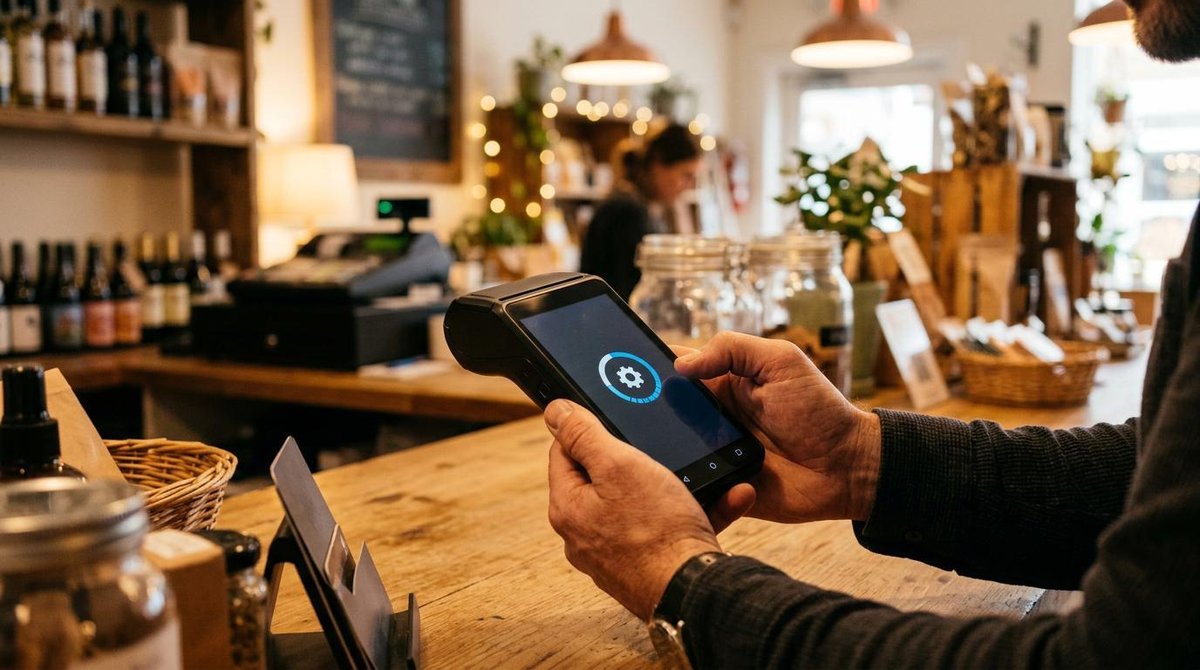 Persona sosteniendo terminal de pago con pantalla azul sobre mostrador de madera en tienda