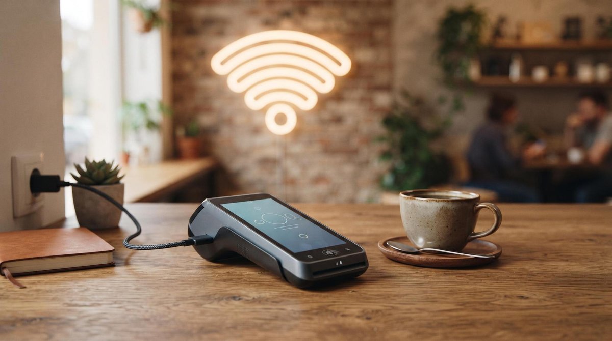 Terminal de pago conectada a la red wifi sobre una mesa de madera con una taza de café al lado