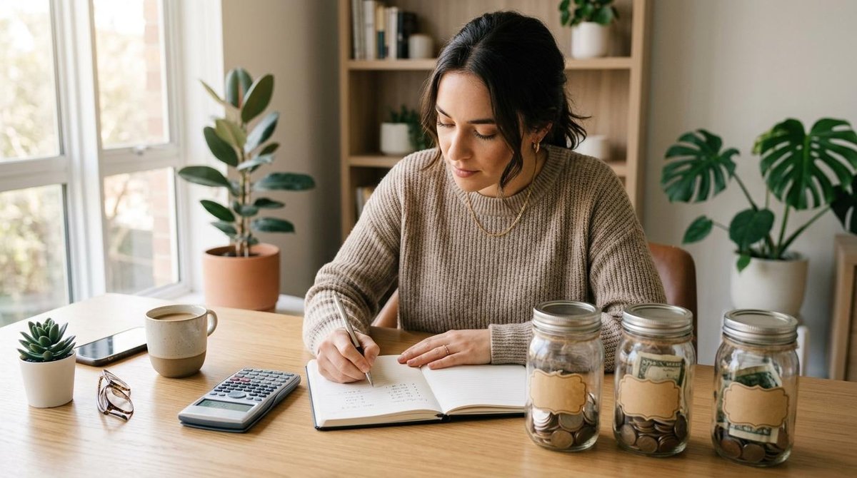 Persona escribiendo en cuaderno con calculadora y frascos de ahorro sobre mesa de madera