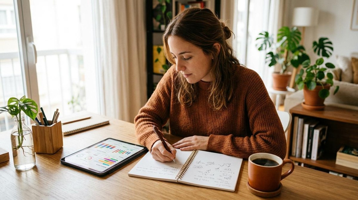 Cómo ahorrar para una meta concreta paso a paso y no abandonar en el intento 2 Persona con suéter marrón escribiendo en cuaderno junto a tablet con gráficos y taza de café