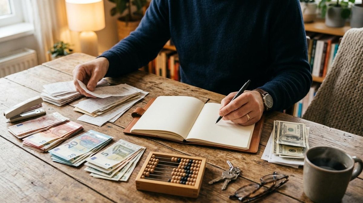 Cómo ahorrar para una meta concreta paso a paso y no abandonar en el intento 3 Persona escribiendo en cuaderno mientras revisa billetes de euro y dólar sobre mesa de madera