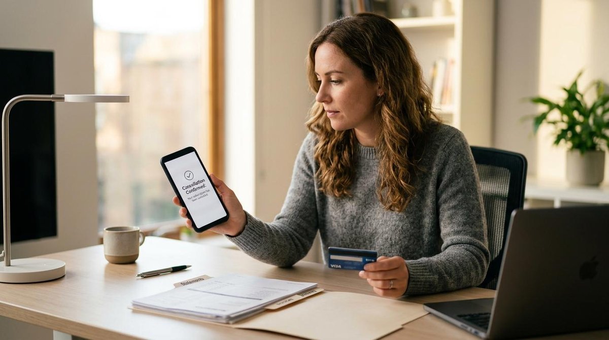 Mujer confirma cancelación en su teléfono mientras sostiene una tarjeta de crédito