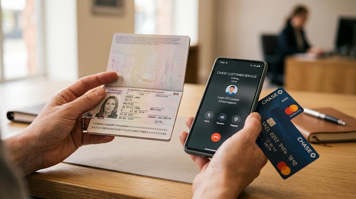 Persona sostiene pasaporte, teléfono y tarjeta de crédito Chase