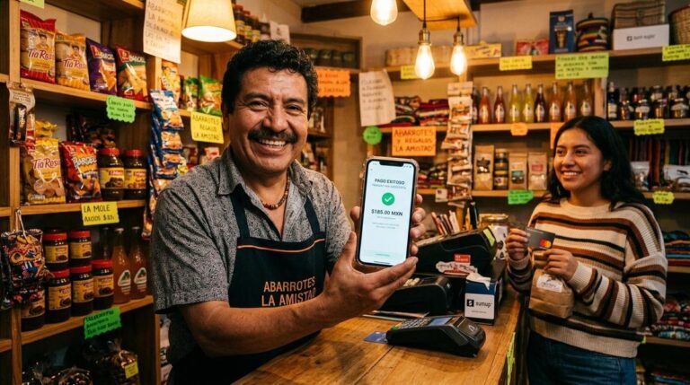 Persona sonriente detrás del mostrador muestra teléfono con pago exitoso a otra persona con tarjeta