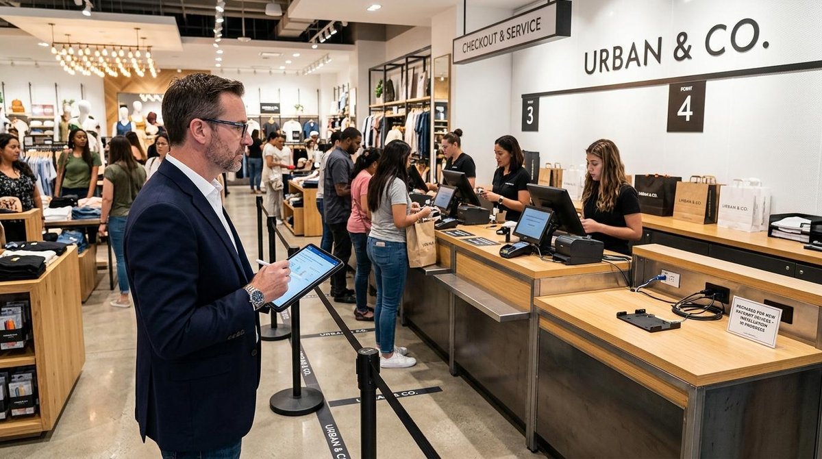 Persona con traje azul y gafas sostiene una tablet frente a mostradores de tienda Urban & Co con personas atendiendo y esperando en fila