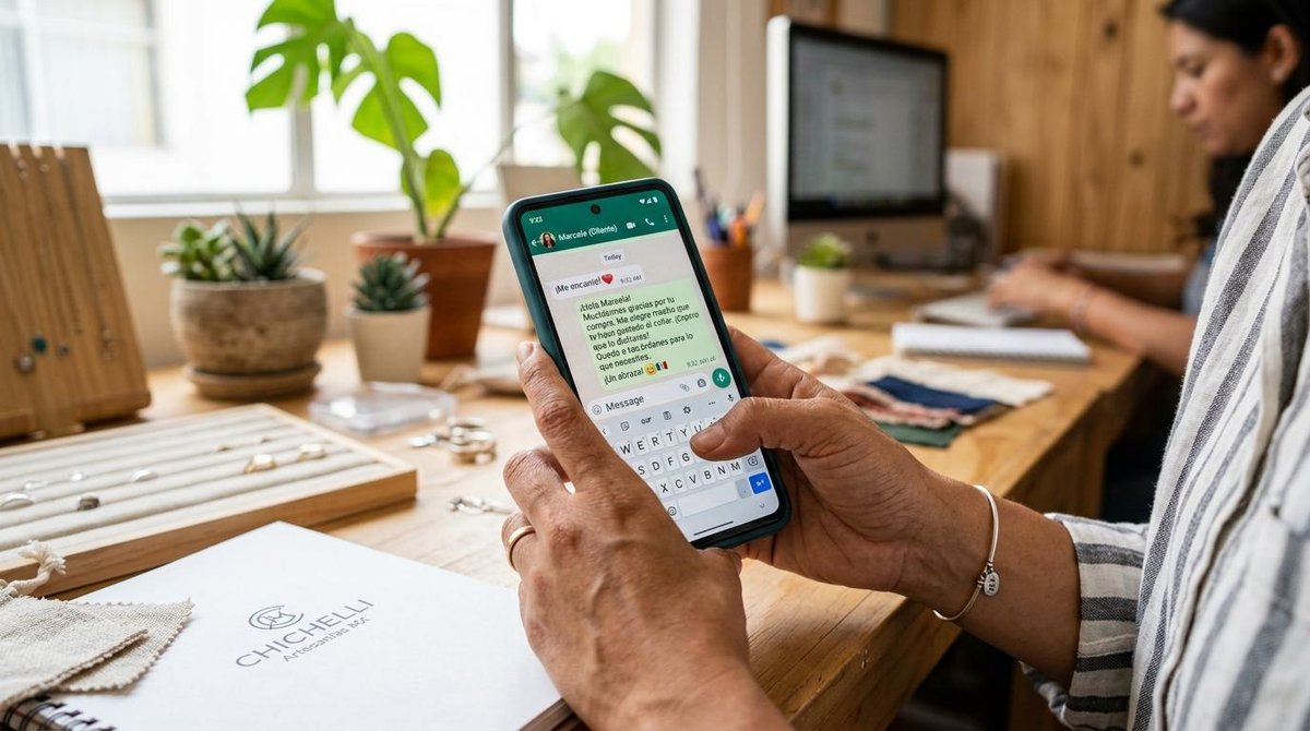 Persona escribiendo mensaje en teléfono móvil sobre escritorio con joyas y plantas