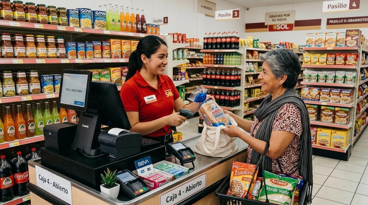 Personal de tienda atendiendo amablemente a un cliente en el área de servicio con una caja registradora moderna visible