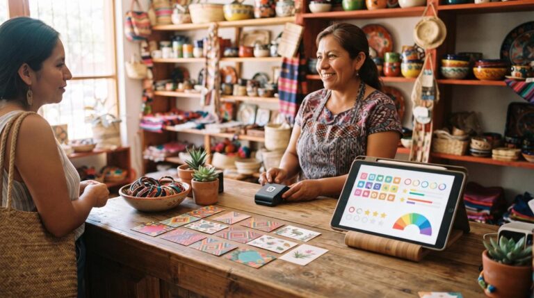 Dos personas conversan en un mostrador de madera con artesanías, tablet y terminal de pago
