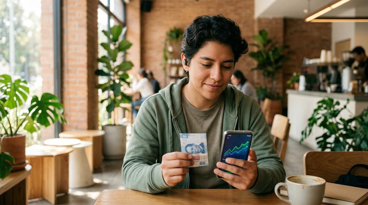 Persona con sudadera verde sostiene tarjeta y teléfono mostrando gráfico en cafetería soleada con plantas