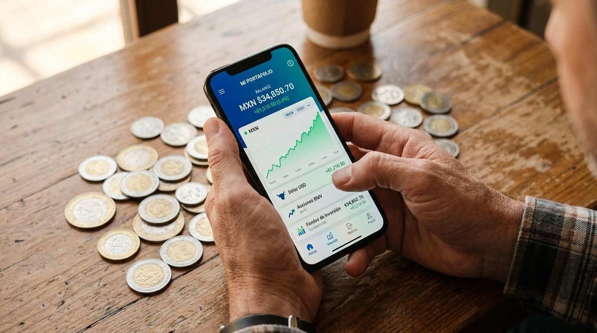Cómo empezar a invertir con poco dinero en México: guía con montos reales y opciones accesibles 3 Persona sosteniendo un teléfono con gráfica financiera rodeada de monedas sobre mesa de madera