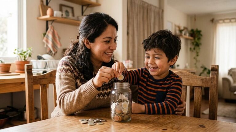 Dos personas sonrientes guardando monedas en un frasco de vidrio sobre una mesa de madera