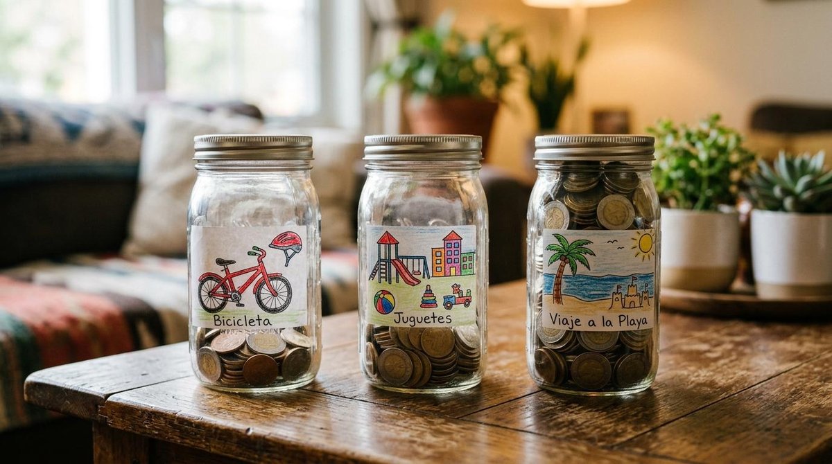 Tres frascos de vidrio con monedas y etiquetas ilustradas sobre bicicleta, juguetes y viaje a la playa, dispuestos sobre una mesa de madera rústica en un ambiente hogareño cálido