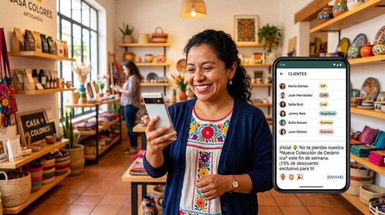 Persona sonriendo mientras sostiene un teléfono móvil dentro de una tienda de artesanías llena de estantes con productos