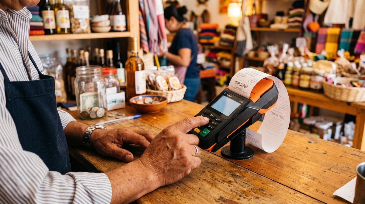 Persona con delantal usando terminal de pago en mostrador de tienda con productos al fondo