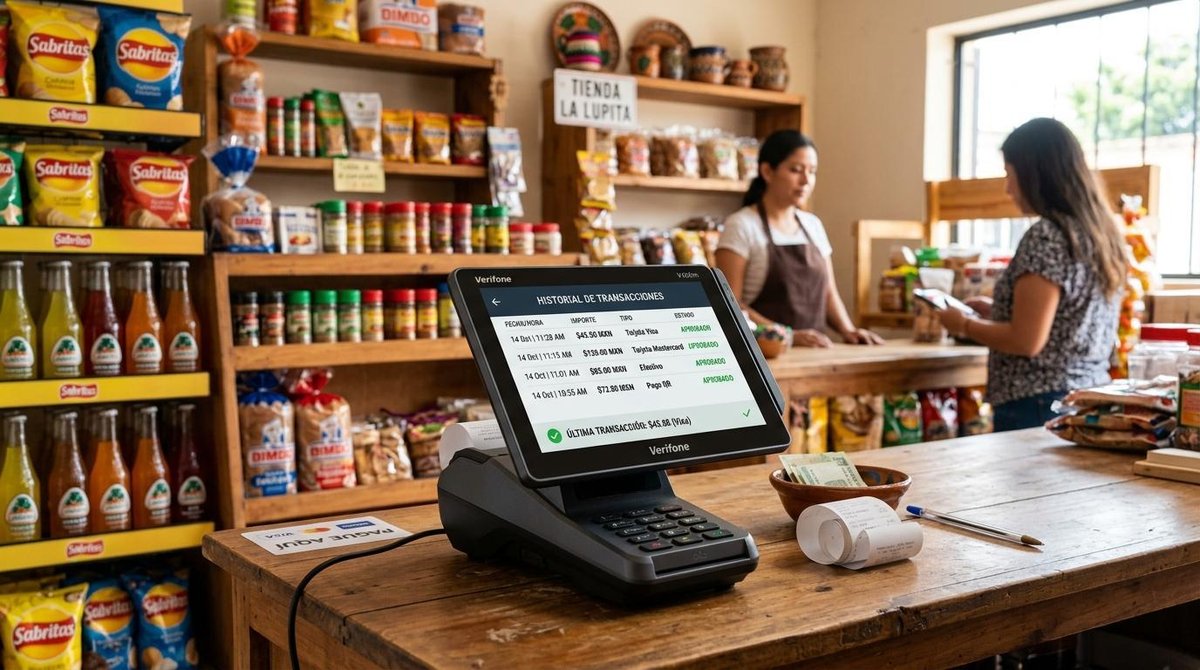 Cómo imprimir tickets duplicados desde Point Smart 2 paso a paso 2 Terminal de pago en mostrador de tienda con estantes de productos y dos personas interactuando al fondo