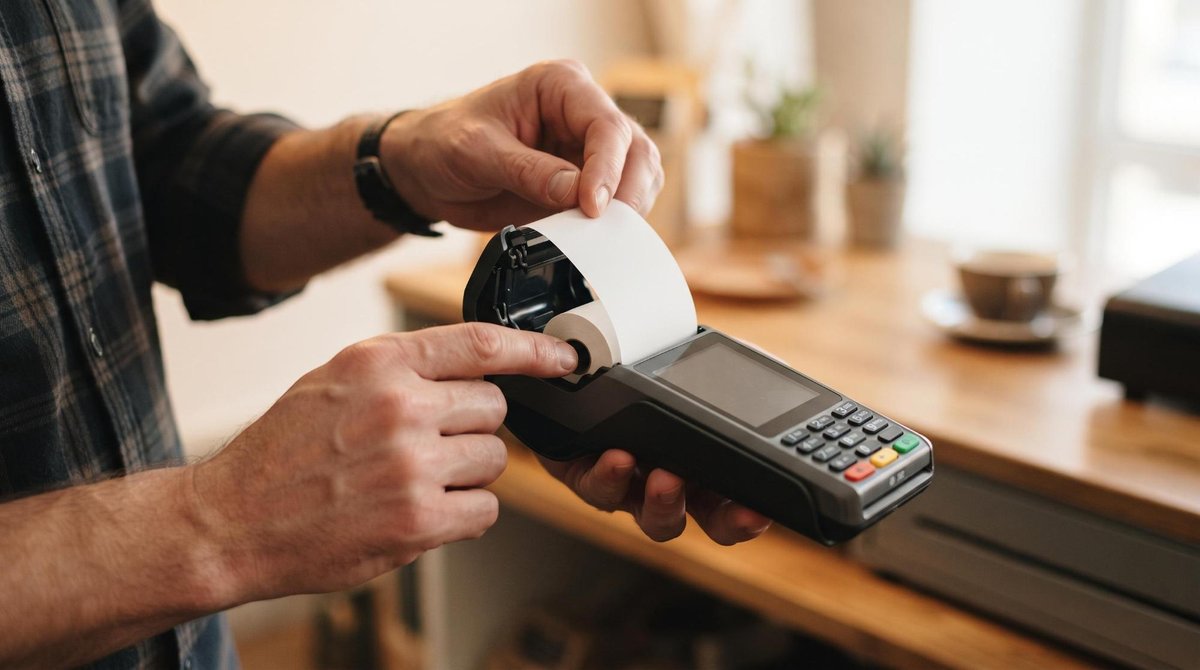 Cómo imprimir tickets duplicados desde Point Smart 2 paso a paso 3 Persona colocando rollo de papel en terminal de pago sobre mostrador de madera