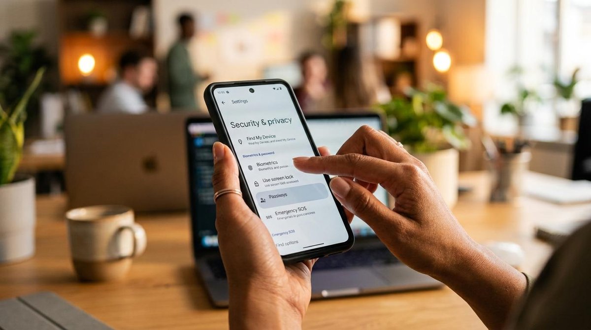 Persona configurando opciones de seguridad y privacidad en un teléfono móvil sobre escritorio