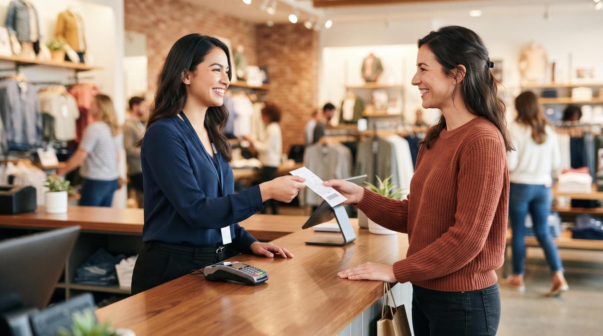Una cliente sonriendo mientras una asesora de servicio al cliente le entrega un recibo de reembolso en una tienda moderna y luminosa