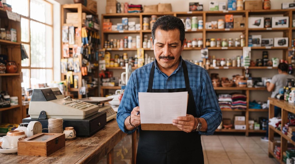 Cómo manejar devoluciones y reembolsos sin perder clientes en tu negocio 3 Un pequeño empresario mexicano revisando un documento de política de devoluciones en su tienda, con productos organizados en estantes al fondo