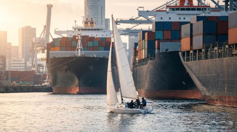 Velero cerca de un barco de carga representando la Pyme acercándose a la gran empresa