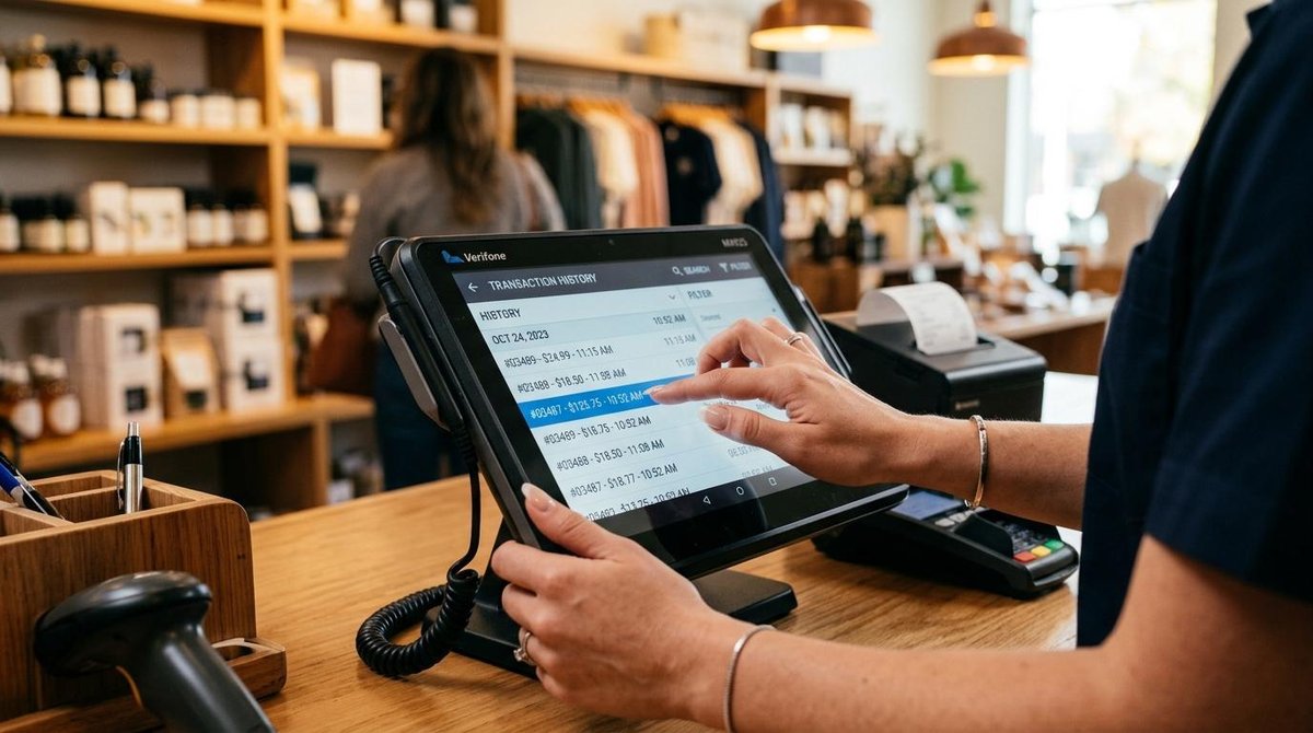 Cómo procesar reembolsos desde Point Smart 2 paso a paso en tu negocio 3 Persona operando una pantalla táctil de caja registradora en un local comercial con estanterías al fondo