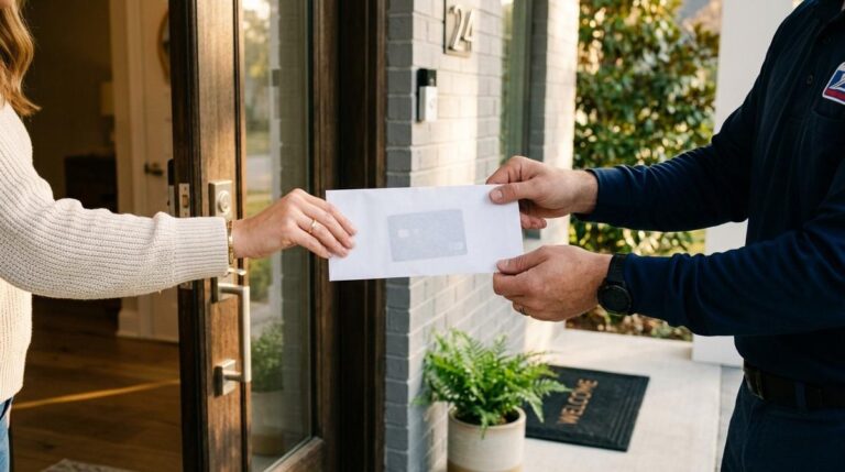 Repartidor entrega un sobre a una mujer en la puerta de su casa