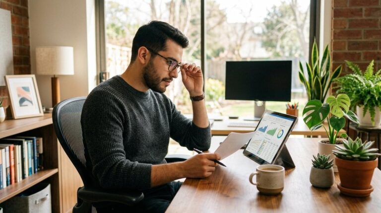 Persona con gafas y suéter gris revisando documentos junto a una tablet en escritorio con plantas