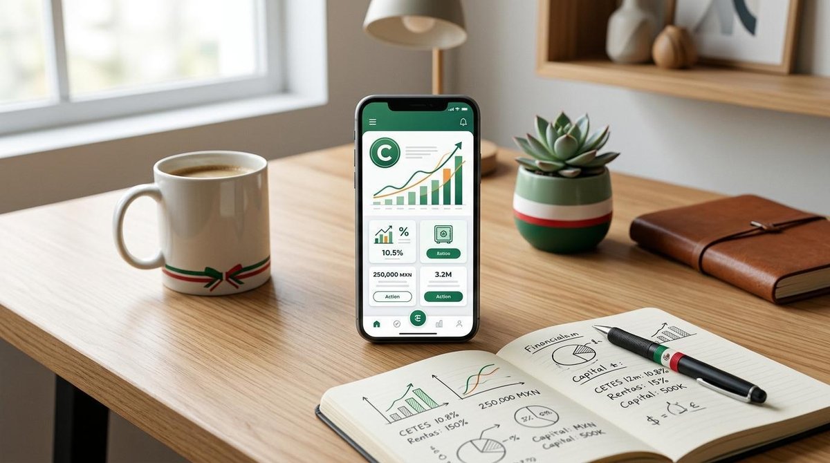 Inversiones de bajo riesgo en México recomendadas para proteger tu dinero 3 Escritorio con taza, smartphone mostrando gráficos financieros, cuaderno abierto con anotaciones y lápiz sobre superficie de madera clara