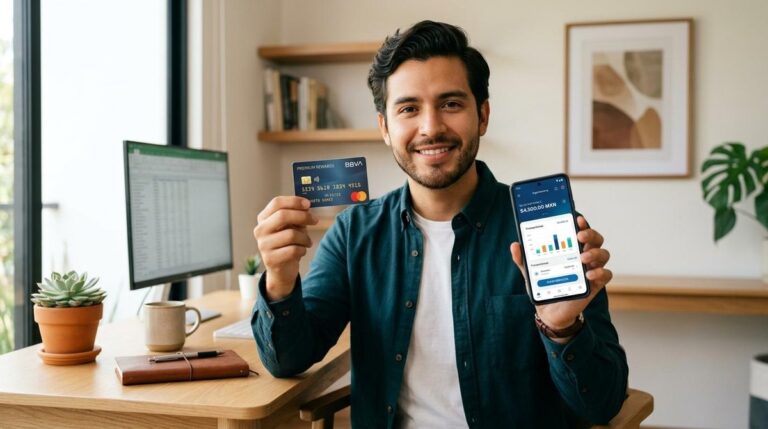 Hombre sonriente muestra tarjeta de crédito y app bancaria en el móvil