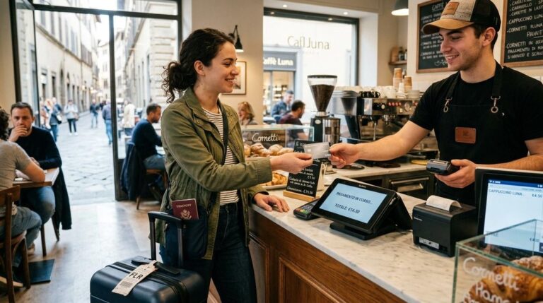 Mujer que usa una tarjeta que funciona en el extranjero