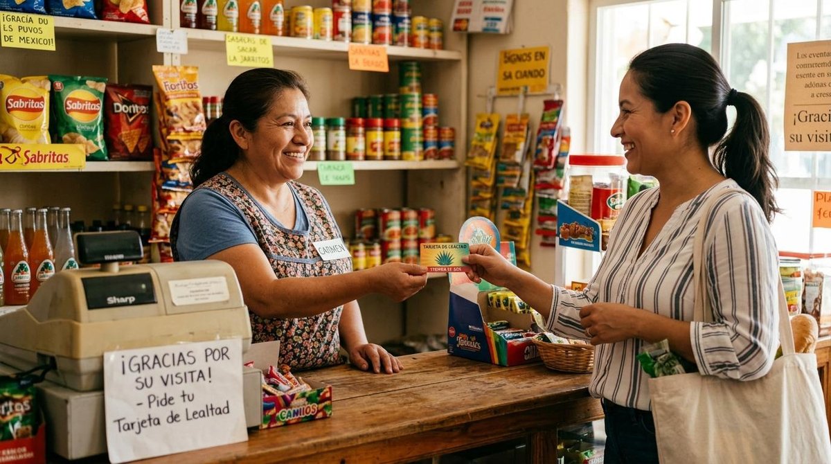 Dos personas sonriendo en un mostrador de tienda mientras intercambian una tarjeta de lealtad
