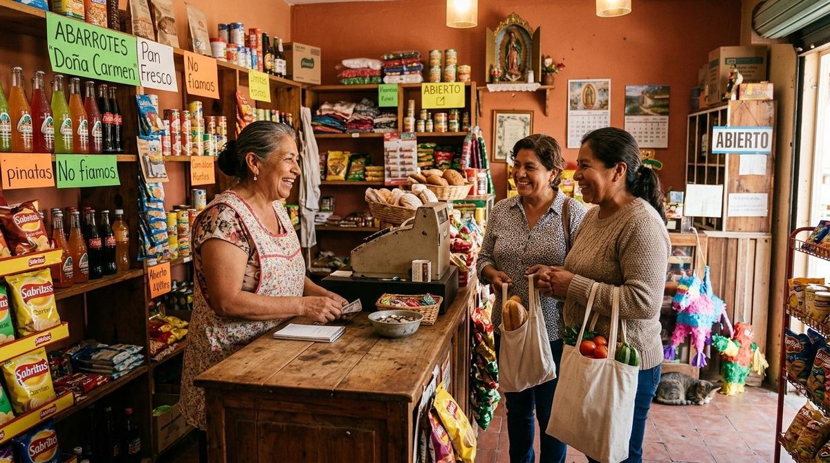 Persona atendiendo a dos personas con bolsas de compras en una tienda de abarrotes llena de productos y carteles de colores