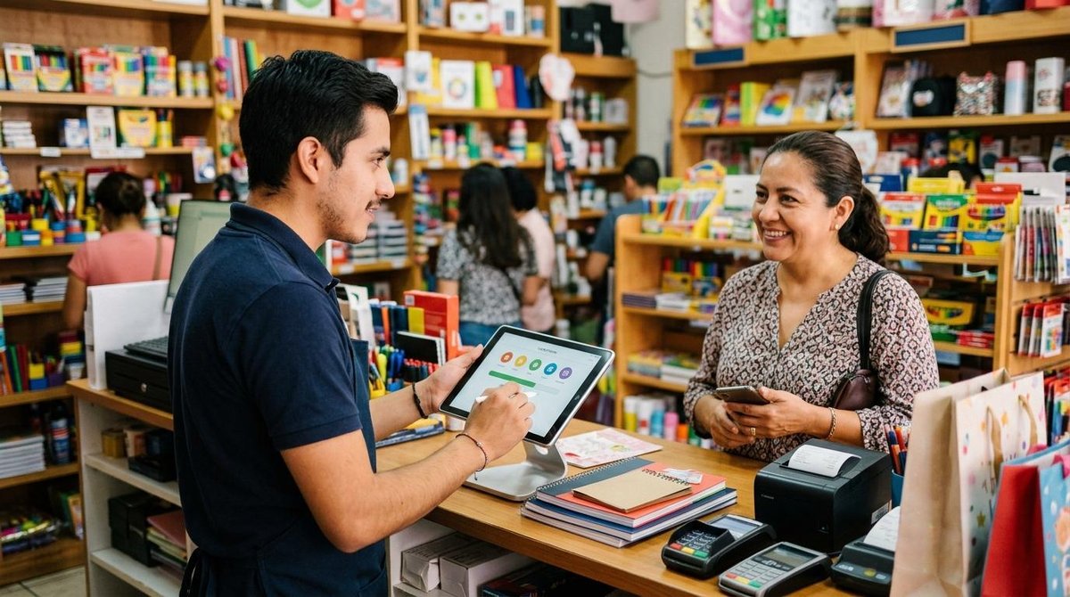 Persona usando tablet en mostrador de librería mientras atiende a otra persona sonriente con bolsas de compra al lado