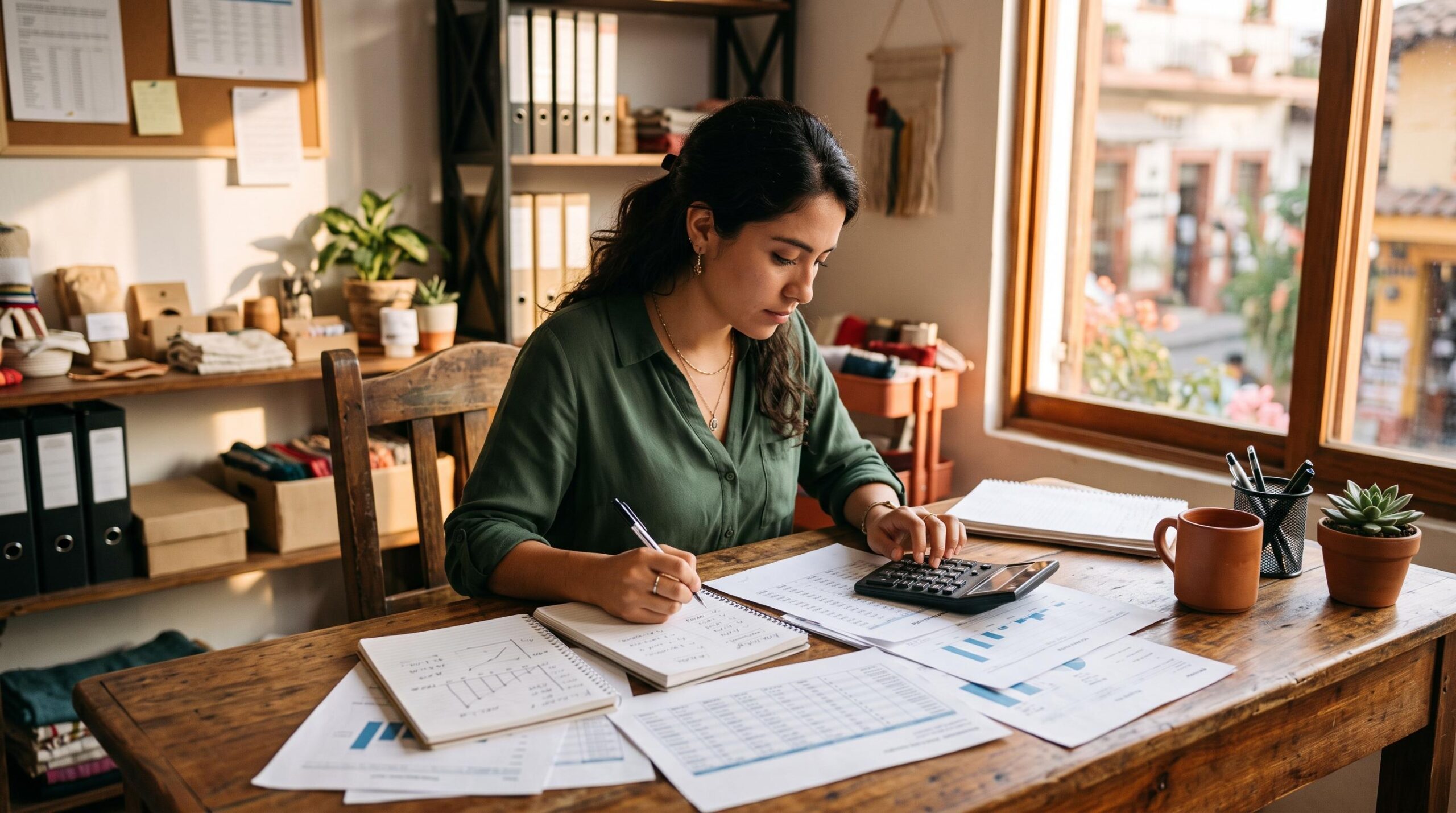 Cómo diseñar promociones cashback para tus clientes paso a paso 3 Emprendedora mexicana planificando en su escritorio de madera con una calculadora, libreta de notas y hojas con cifras financieras, analizando el pres