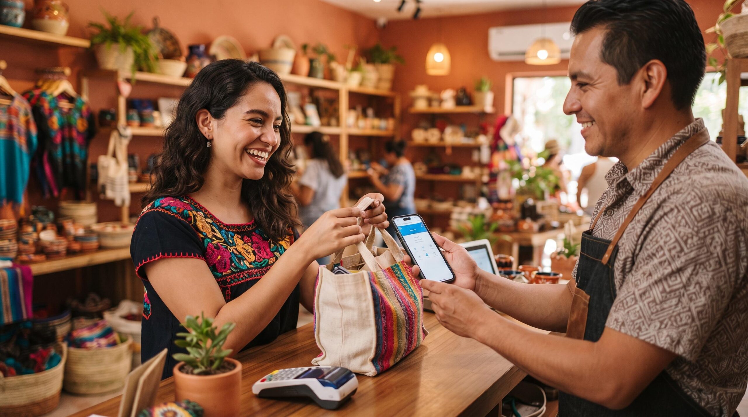 Cómo diseñar promociones cashback para tus clientes paso a paso 2 Clienta satisfecha sonriendo mientras recibe su bolsa de compras en una tienda mexicana moderna y acogedora, mientras el dueño del negocio le muestra