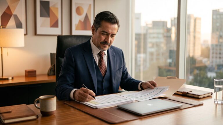 Empresario mexicano revisando documentos financieros en un escritorio moderno y ordenado, con una atmósfera cálida y profesional que refleja la prepar