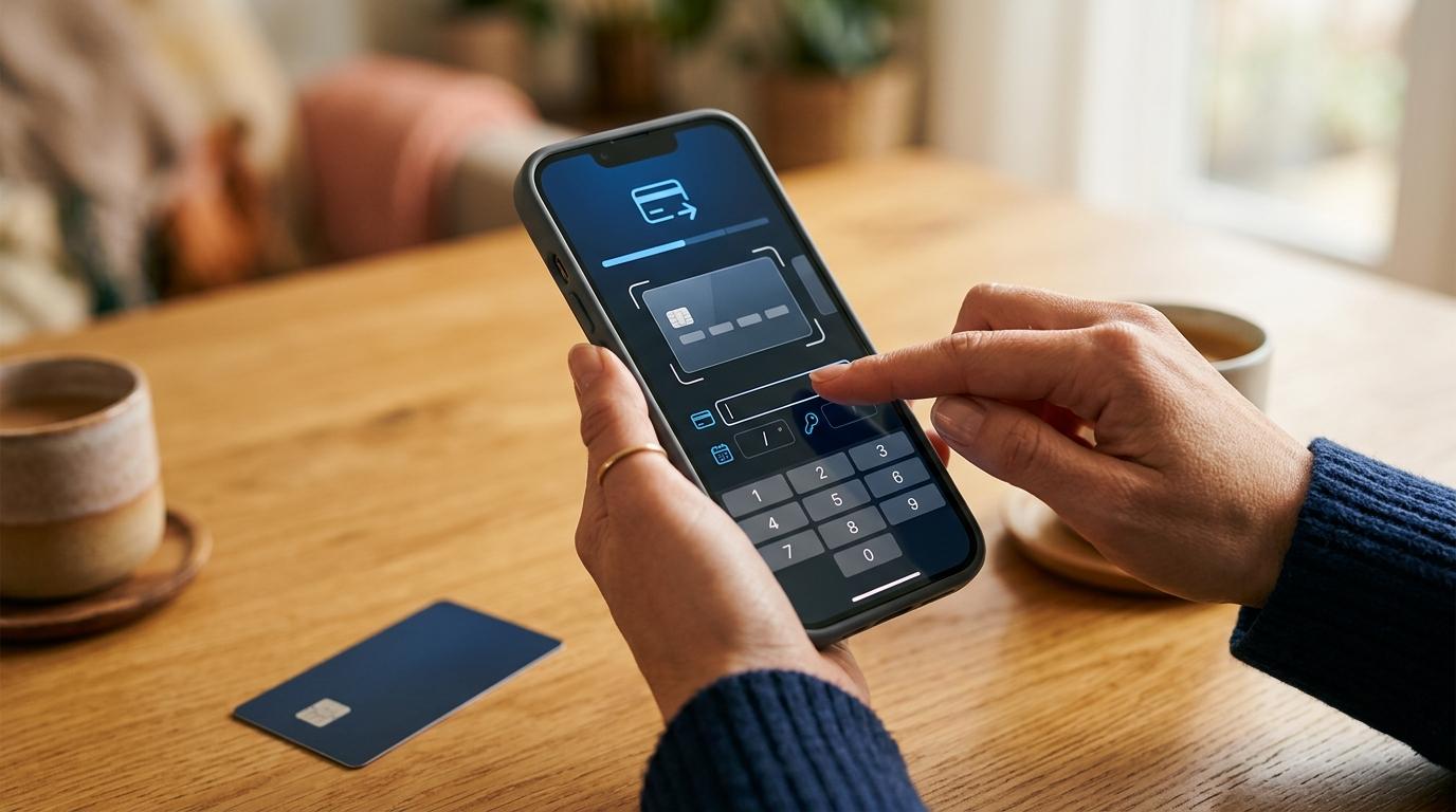Manos de una persona configurando una tarjeta en una aplicación móvil, con la pantalla del celular mostrando una interfaz de gestión financiera