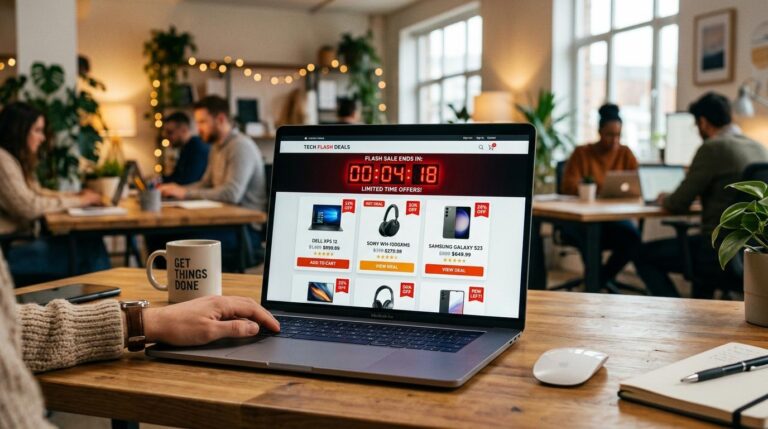 Una pantalla de laptop mostrando una tienda en línea con un temporizador de cuenta regresiva en rojo y productos destacados con etiquetas de descuento