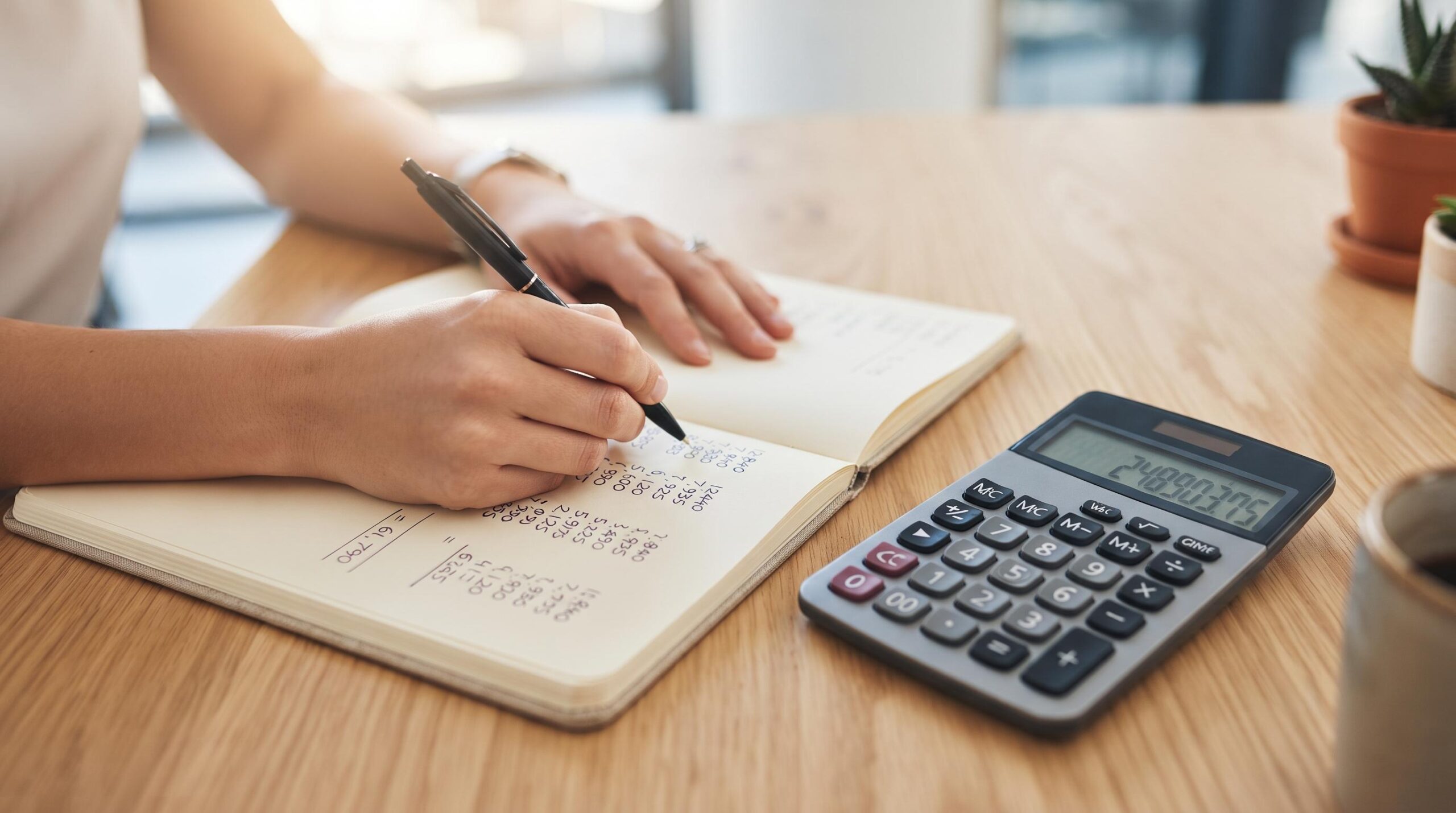 Primer plano de unas manos anotando cifras en una libreta junto a una calculadora moderna, sobre un escritorio de madera clara
