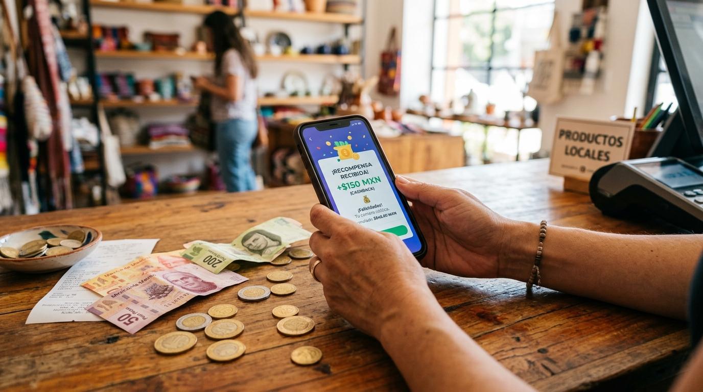 Manos de una propietaria de comercio sosteniendo un teléfono inteligente con monedas doradas y billetes esparcidos sobre un mostrador de madera cálido