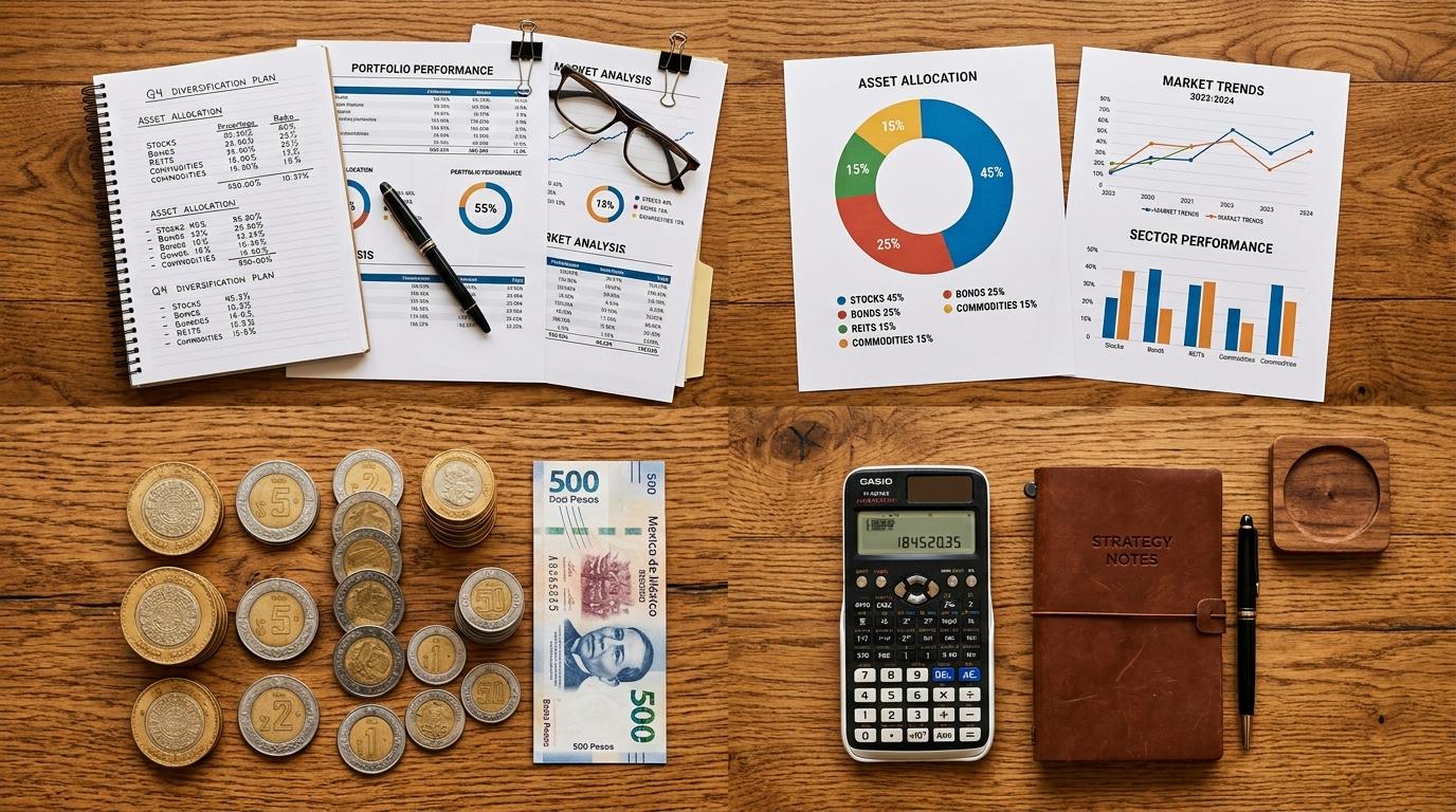 Mesa de madera con documentos financieros, billetes, monedas, calculadora, cuaderno y gafas organizados para análisis económico
