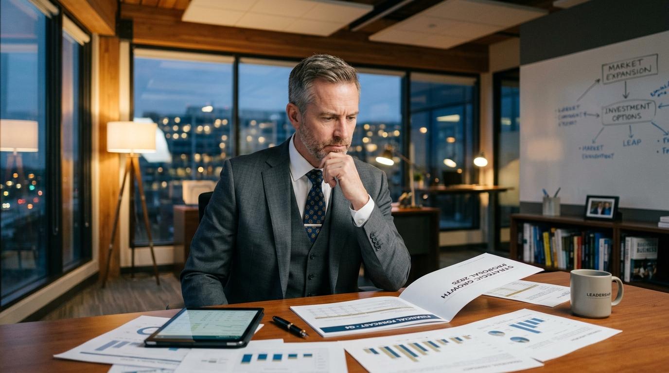 Cómo elegir socios para expandir mi negocio sin poner en riesgo lo que ya construiste 2 Empresario analizando documentos financieros y propuestas en una oficina moderna con iluminación cálida, expresión pensativa y profesional, ambiente d
