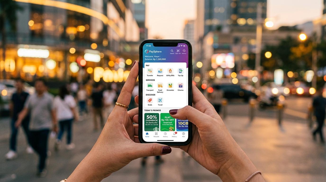 Cómo obtener promociones exclusivas en Mercado Pago y sacarles el mayor provecho 3 Primer plano de manos sosteniendo un smartphone que muestra una interfaz de aplicación de pagos con categorías organizadas de servicios, recargas y pr