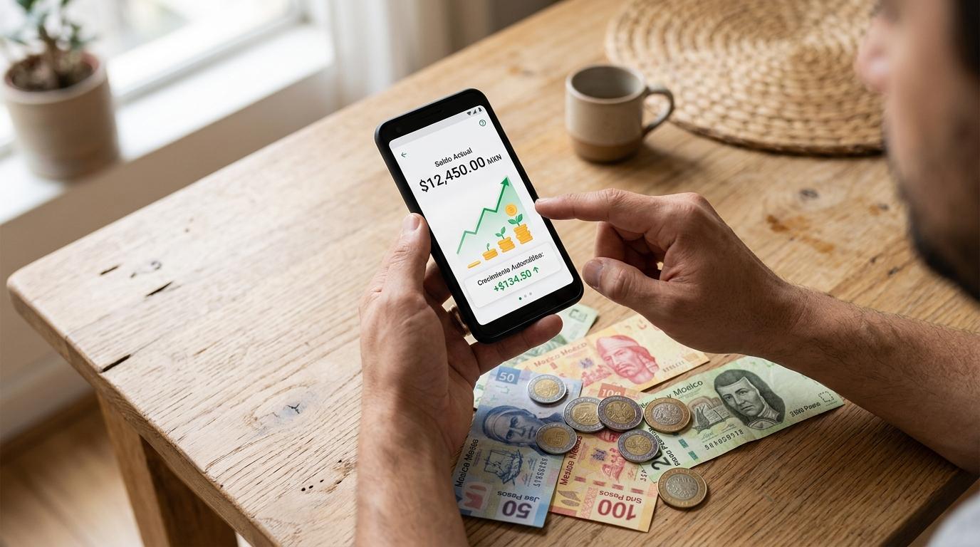 Persona revisando saldo en teléfono con billetes y monedas mexicanos sobre mesa de madera
